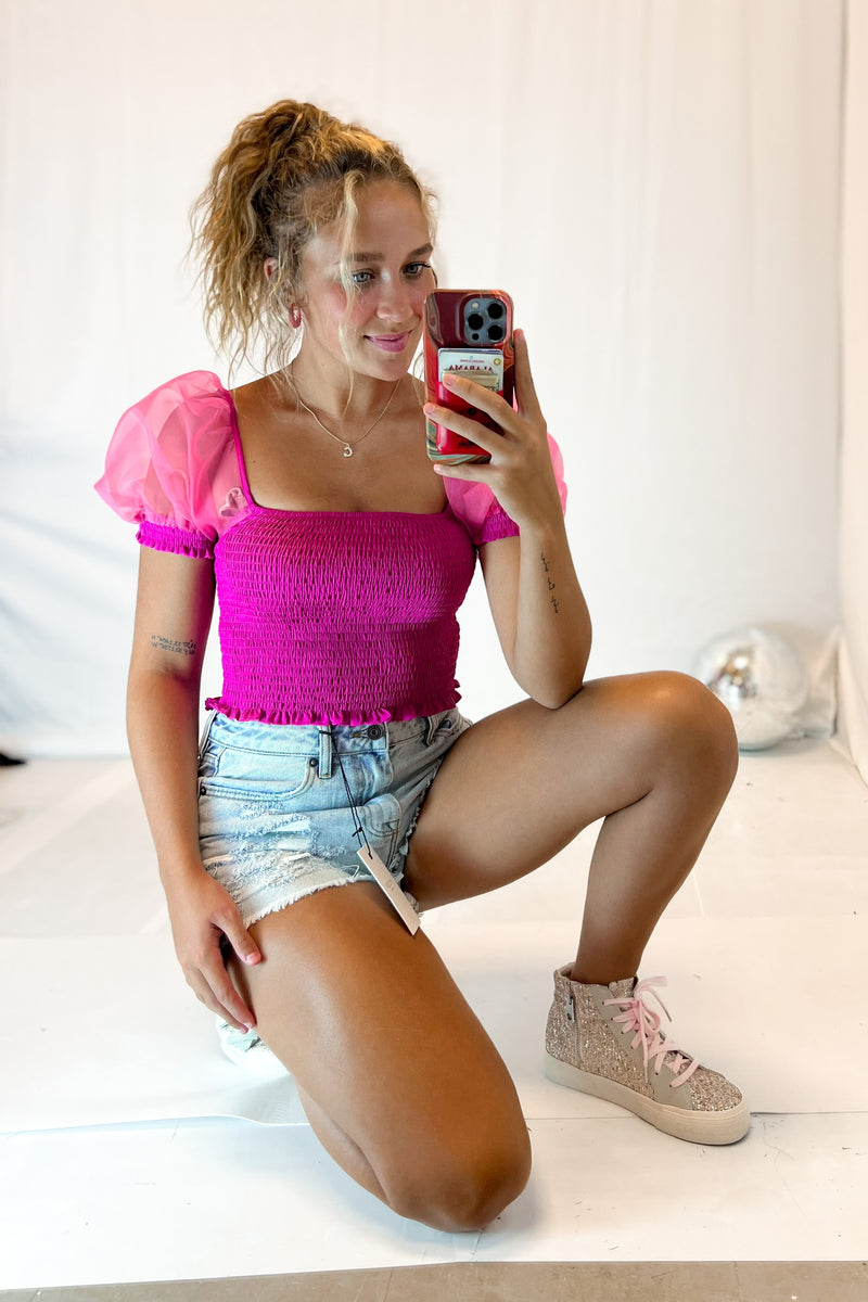 Pink Mesh Puff Sleeve Top