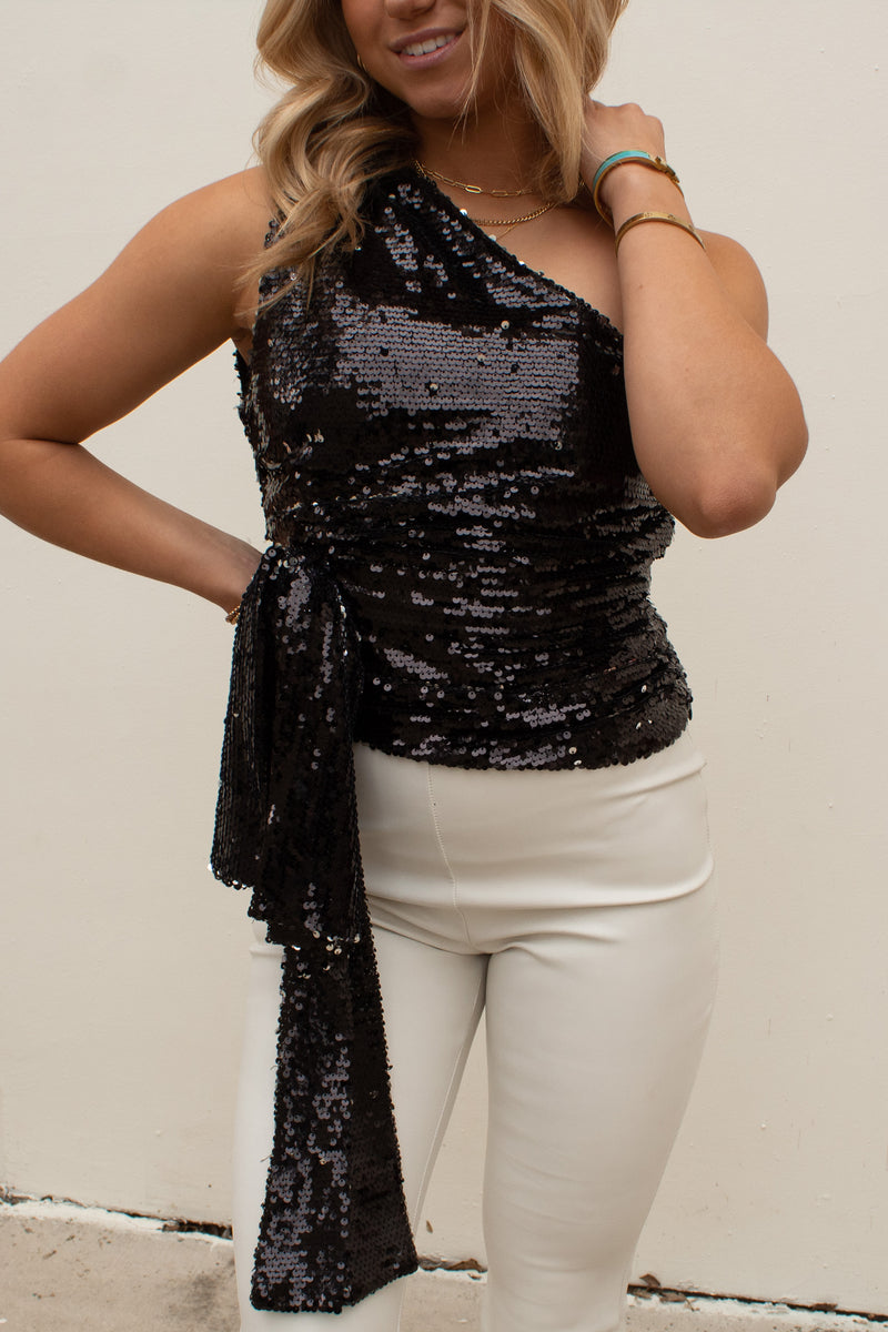 Black Sequin One Shoulder Tie Top
