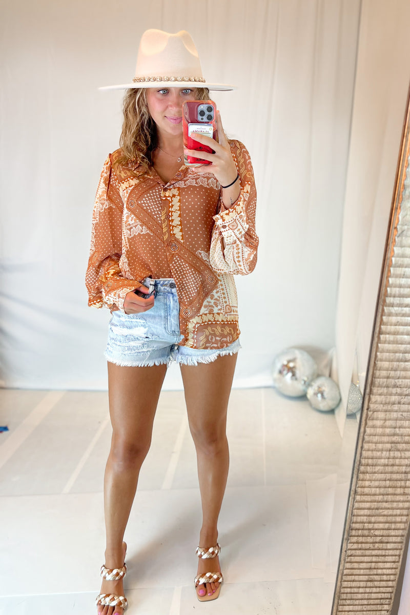 Rust Paisley Print Button Down Top