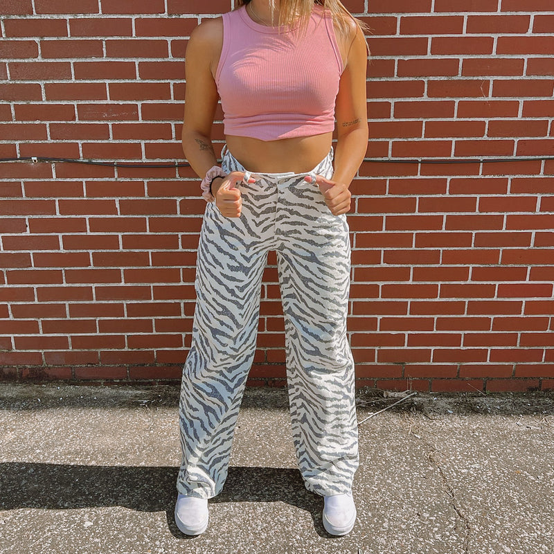 Off White Zebra Print Straight Leg Jeans