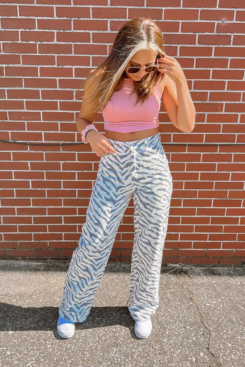 Off White Zebra Print Straight Leg Jeans