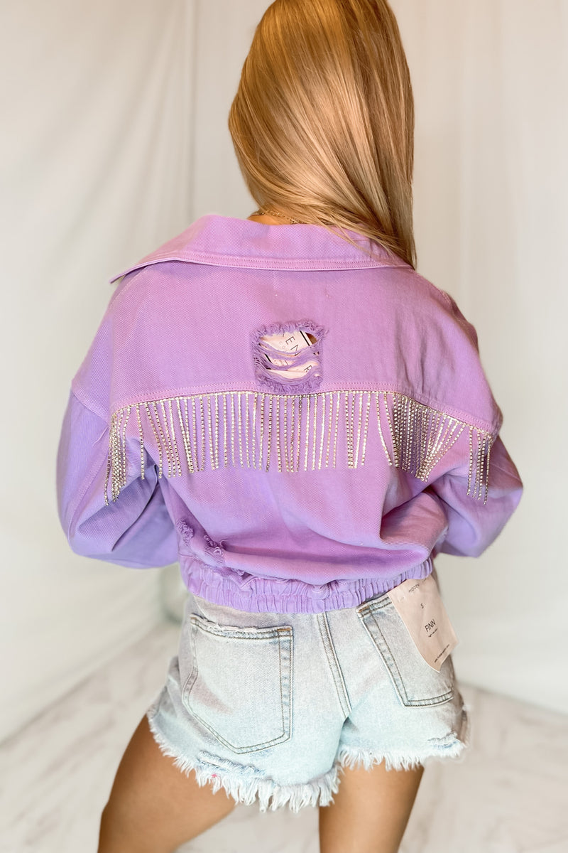 Purple Rhinestone Fringe Denim Jacket