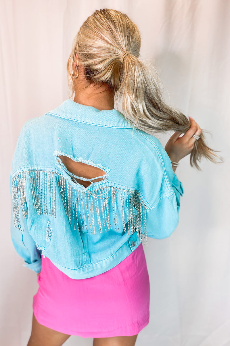 Blue Rhinestone Fringe Denim Jacket