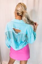 Blue Rhinestone Fringe Denim Jacket
