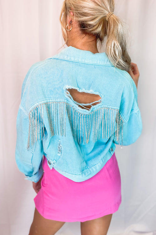 Blue Rhinestone Fringe Denim Jacket