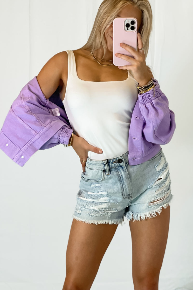 Purple Rhinestone Fringe Denim Jacket