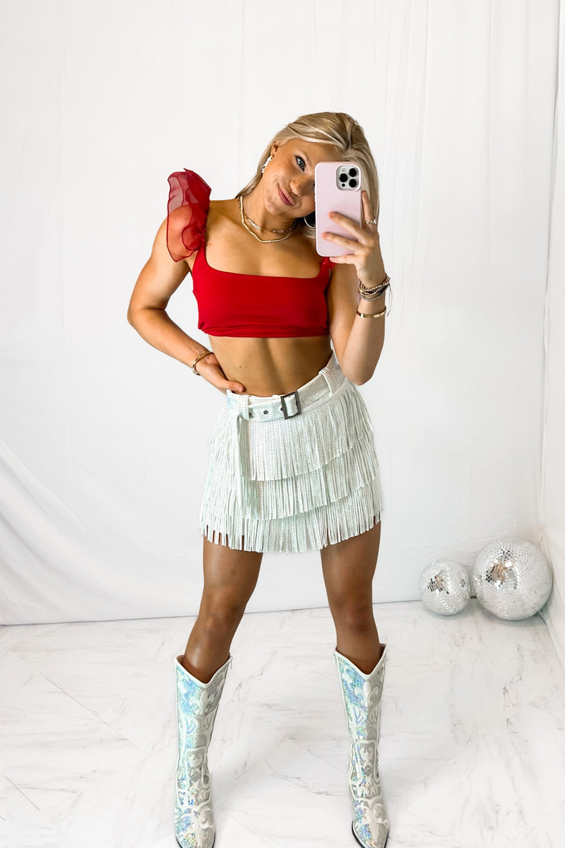 Red Mesh Ruffle Sleeve Top