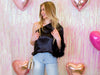 Black Satin One Shoulder Feather Trim Top