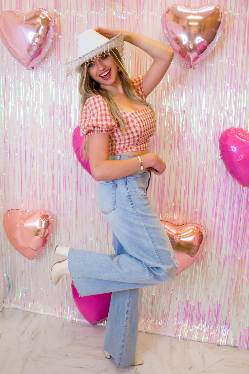 Pink Plaid Square Neck Tie Crop Top