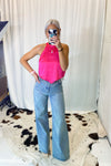 Pink Rhinestone Fringe Halter Neck Top