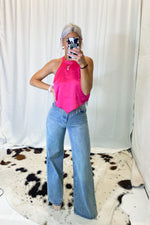 Pink Rhinestone Fringe Halter Neck Top