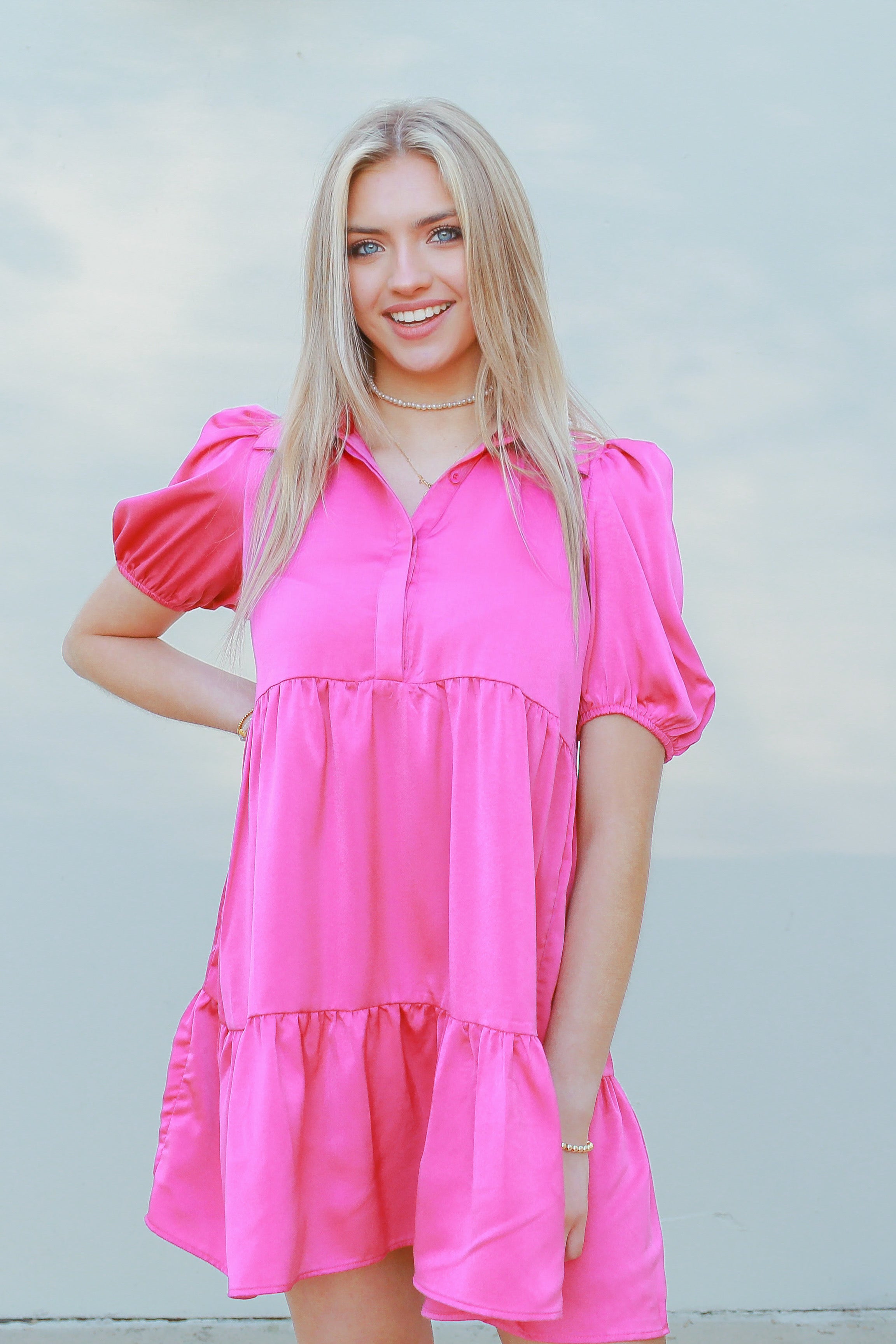 Pink Rhinestone Collar Babydoll Dress
