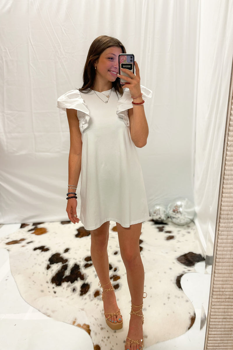 White Ruffle Sleeve T-Shirt Dress