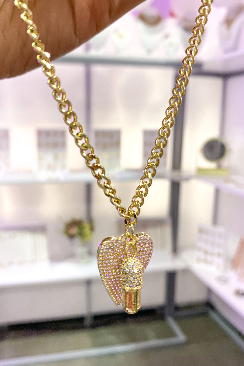 Lauren Kenzie Crystal Heart and Chill Pill Cuban Chain Necklace