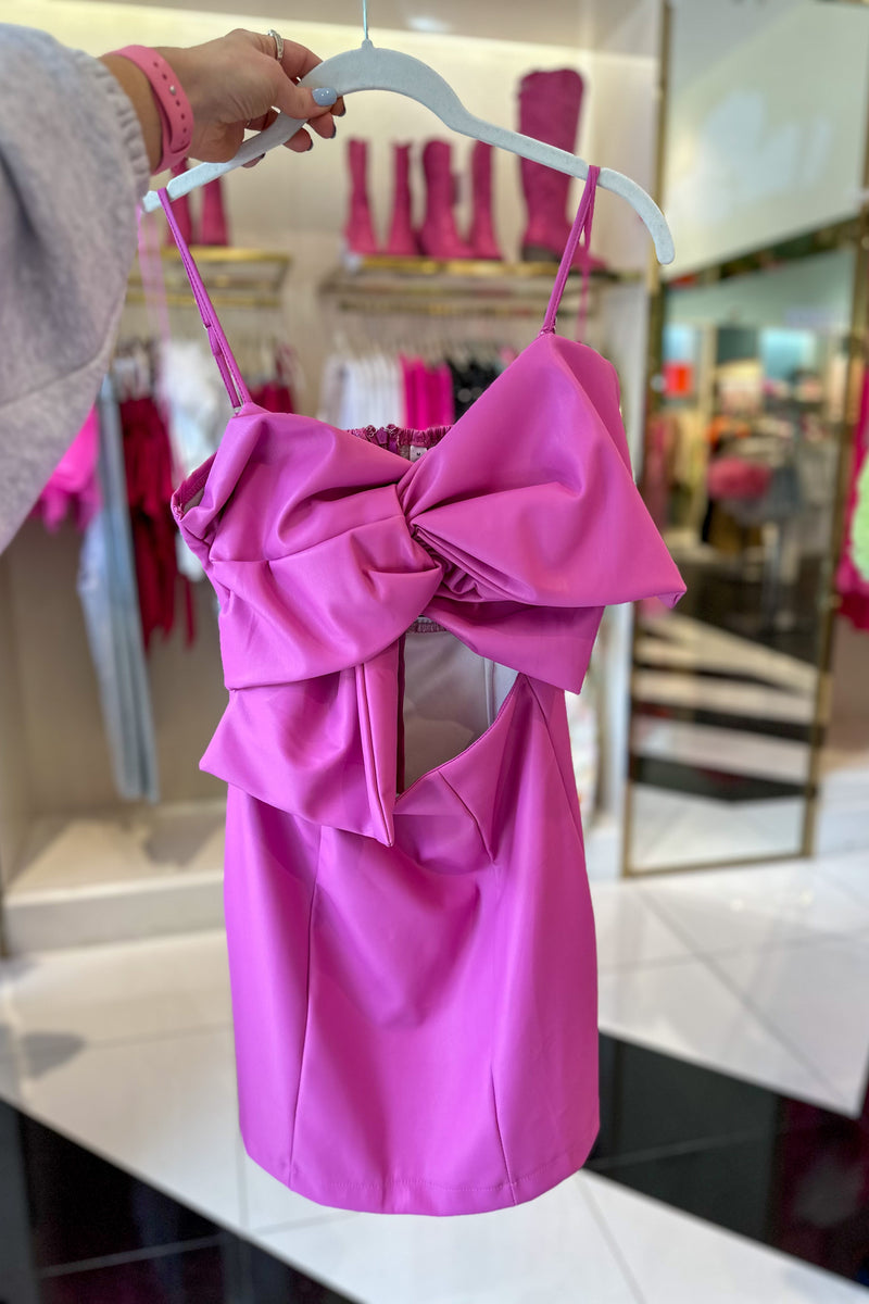 Pink Faux Leather Bow Tie Dress