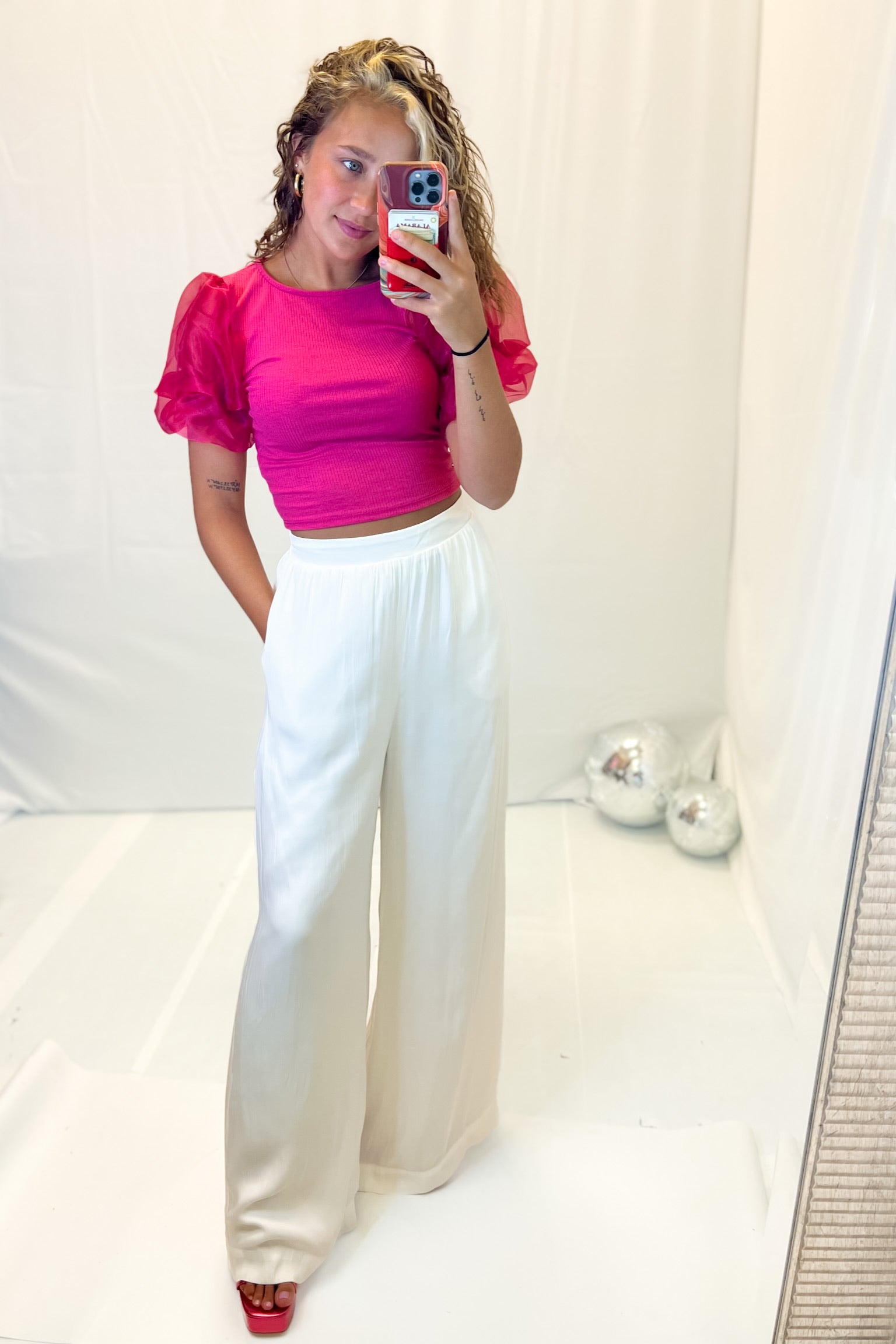 Hot Pink Ribbed Mesh Puff Sleeve Top