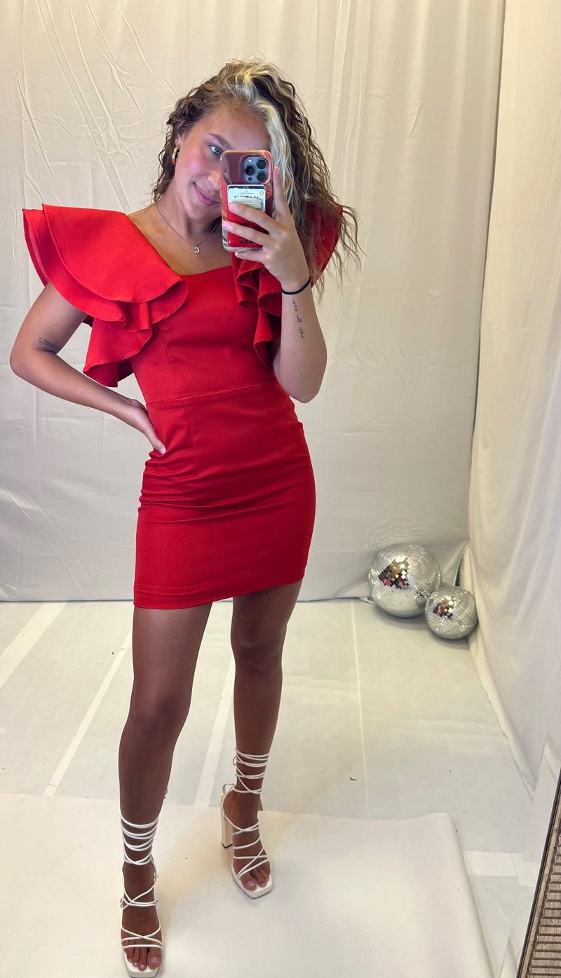 Red Ruffle Sleeve Mini Dress