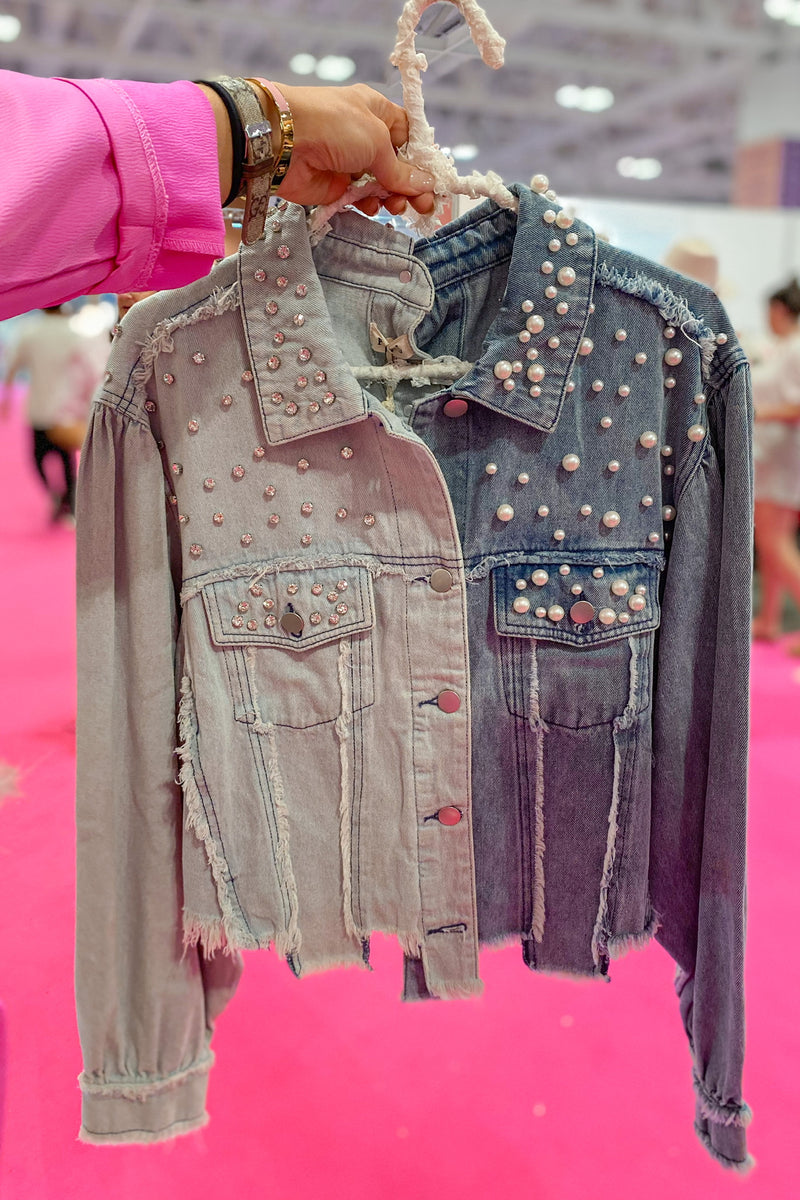 Denim Two Toned Rhinestone and Pearl Jacket