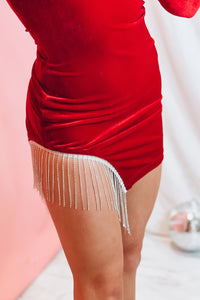 Red Velvet One Shoulder Rhinestone Fringe Dress