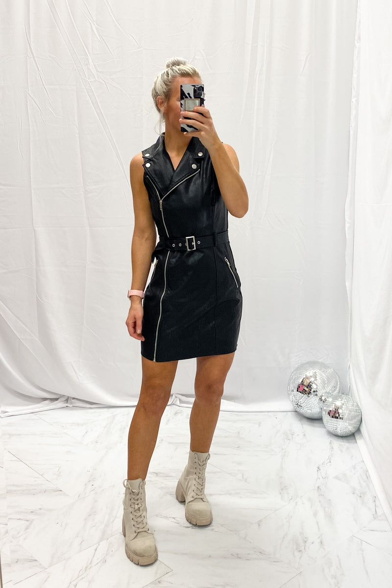 Black Sleeveless Faux Leather Moto Dress