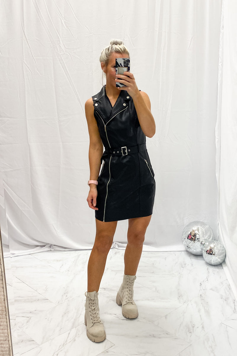 Black Sleeveless Faux Leather Moto Dress