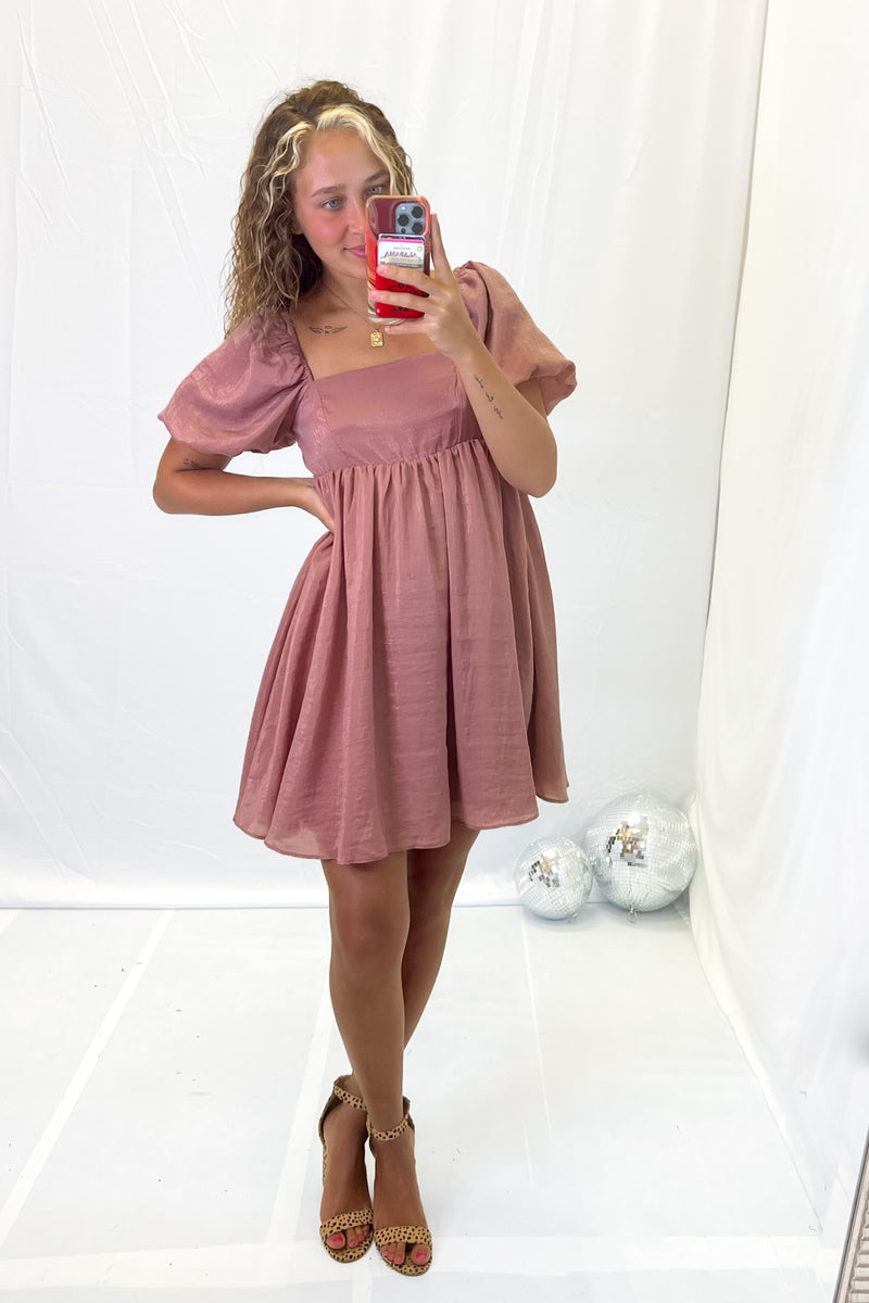 Mauve Puff Sleeve Babydoll Dress