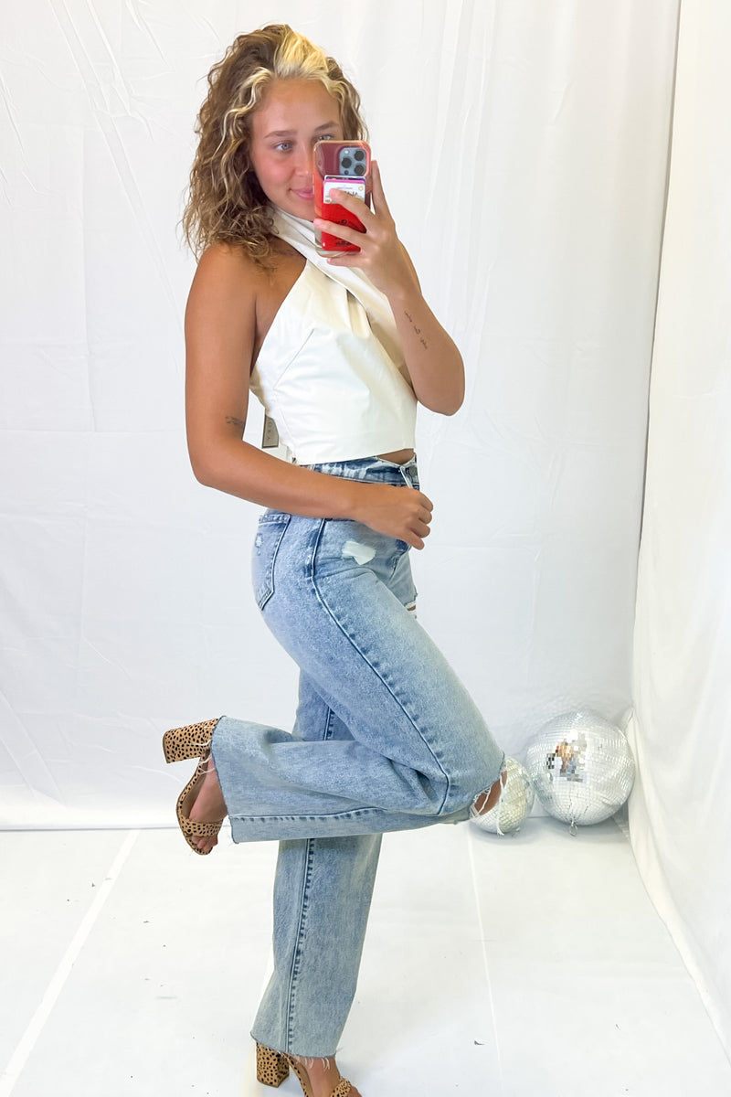 Cream Leather Halter Tank Top