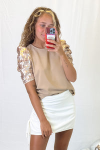 Mocha Sequin Puff Sleeve Top