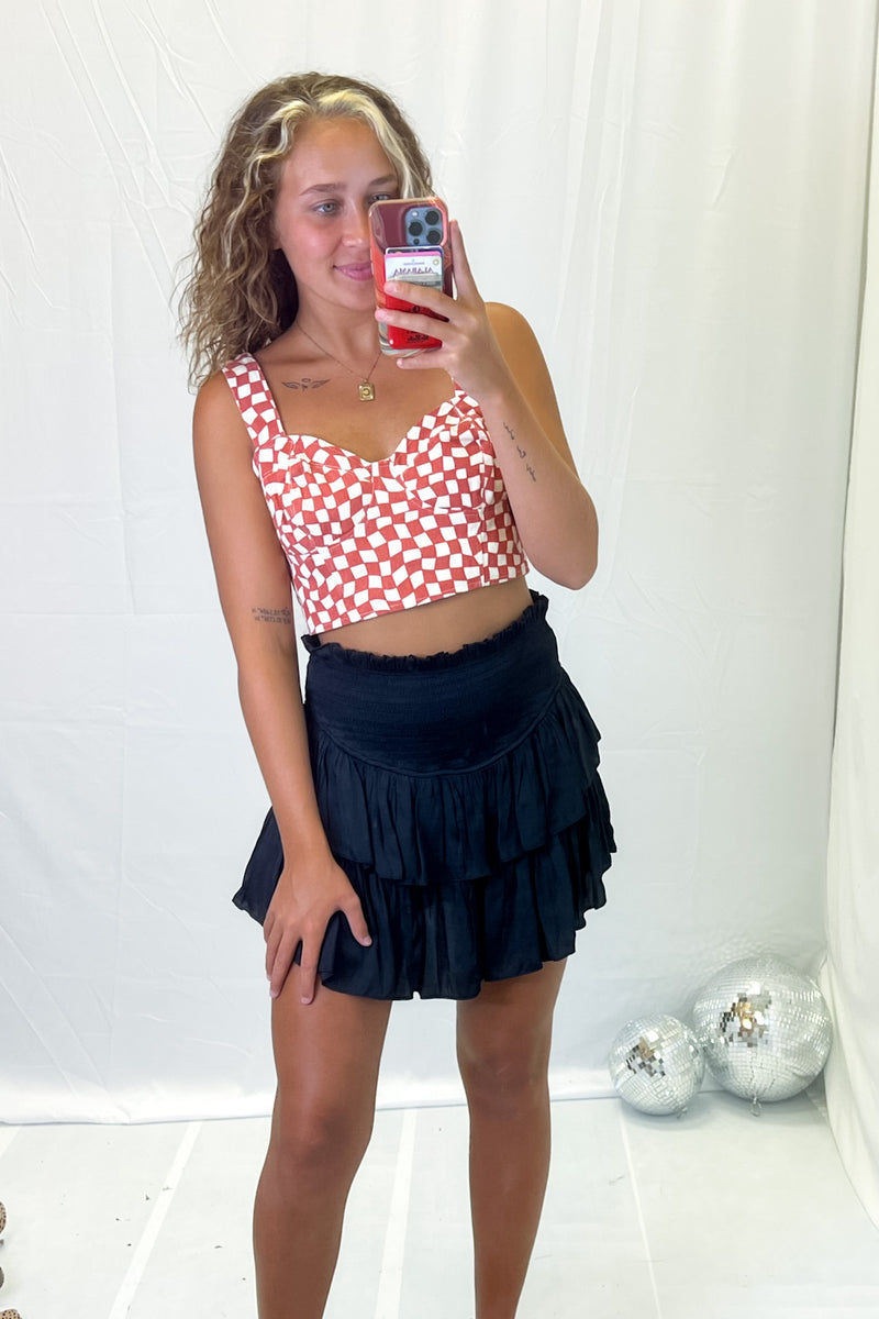 Red Denim Checkered Cropped Tank Top