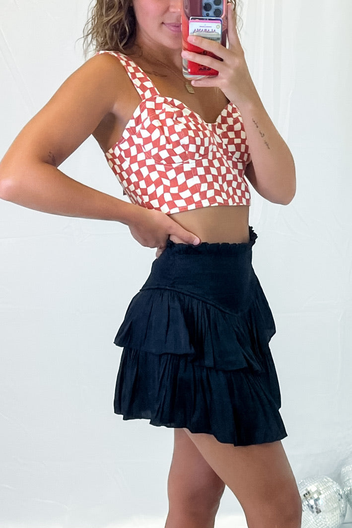 Red Denim Checkered Cropped Tank Top