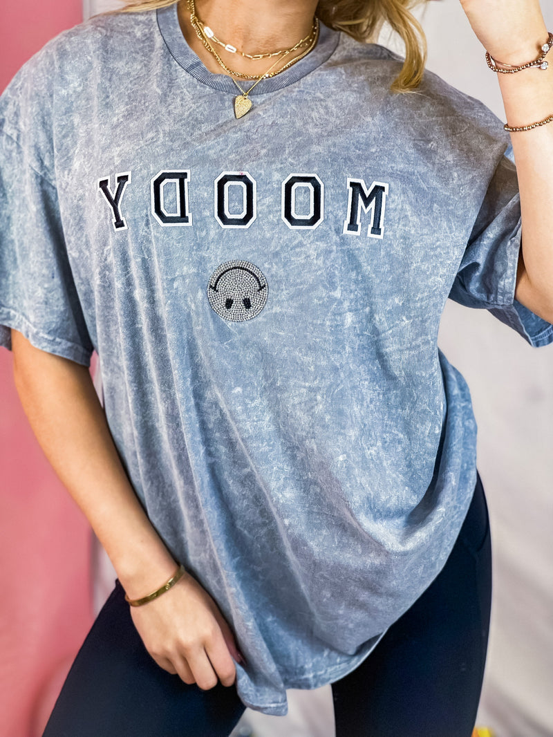 Moody Rhinestone Smiley Face Graphic Tee