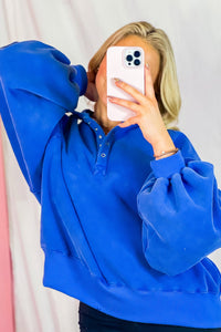 Royal Blue Button Up Collared Sweatshirt