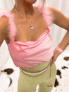 Pink Feather Trim Cowl Neck Tank