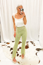 Green Gingham Straight Leg Slit Pants