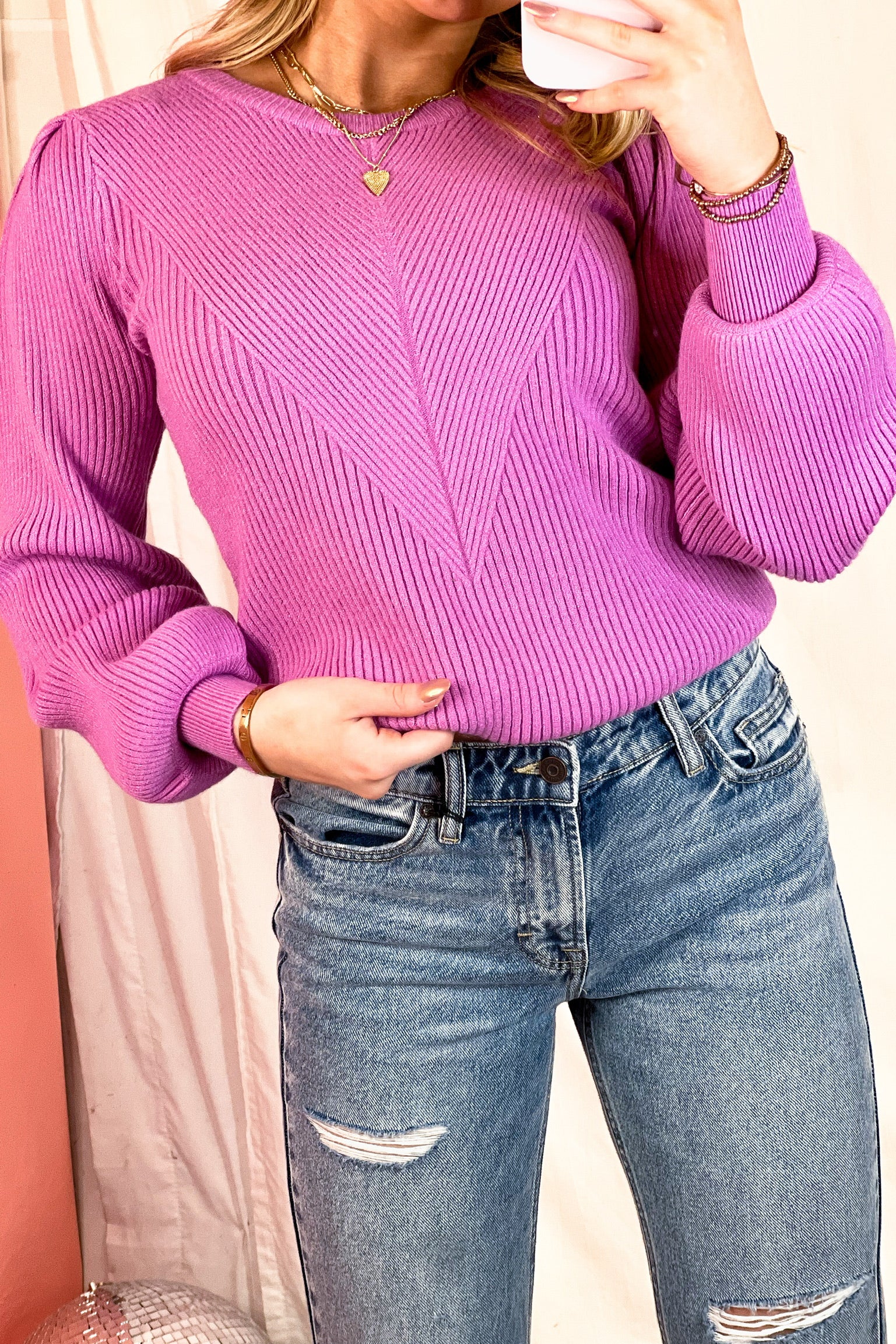 Piper Pink Balloon Sleeve Ribbed Knit Sweater