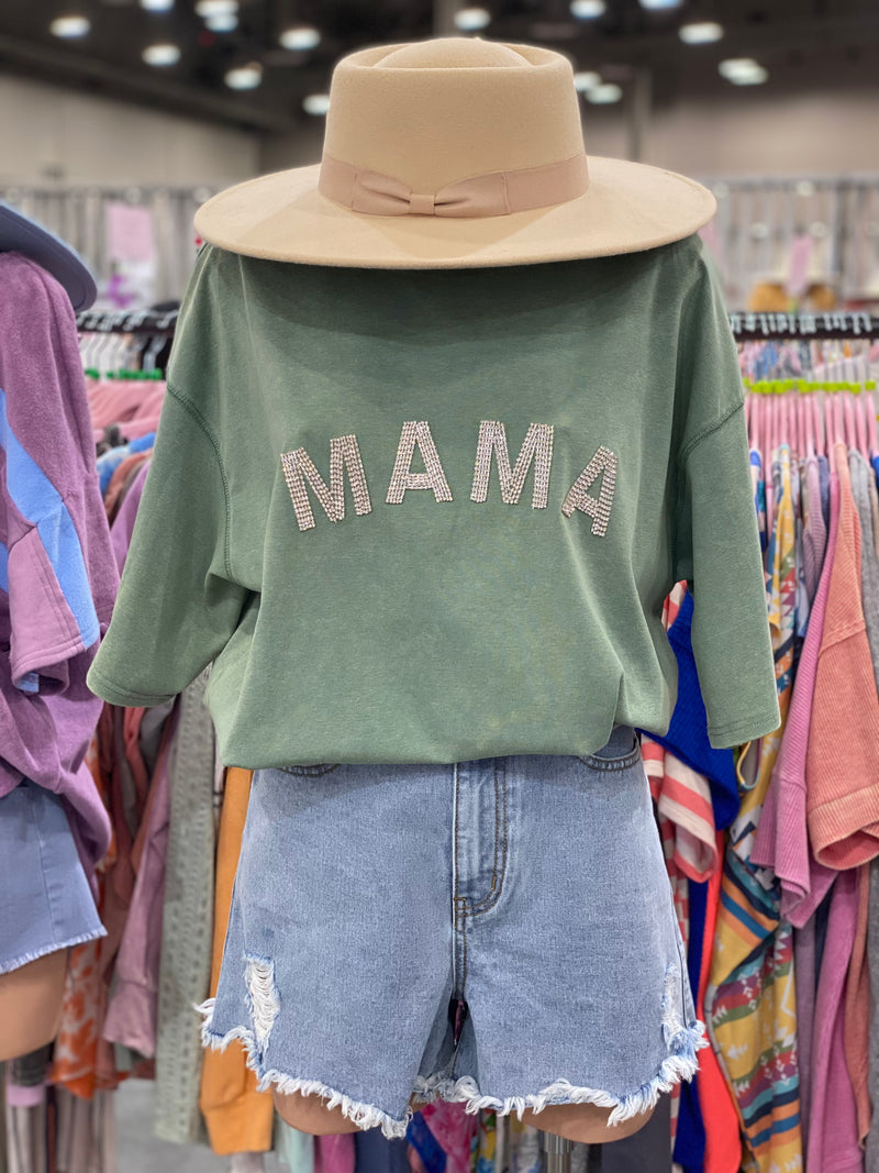 Olive Rhinestone MAMA Tee