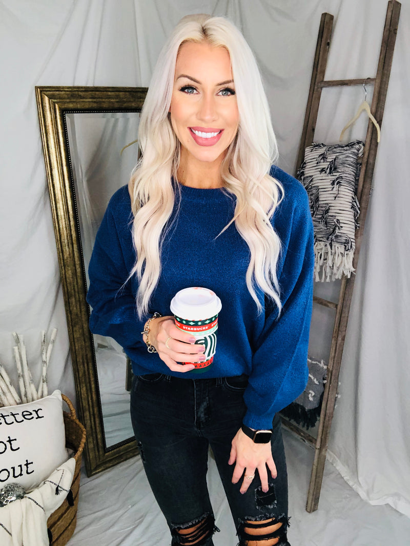 Oversized Balloon Sleeve Knit Sweater - Indigo