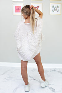 Tan Checkered Oversized Button Up Tunic Top