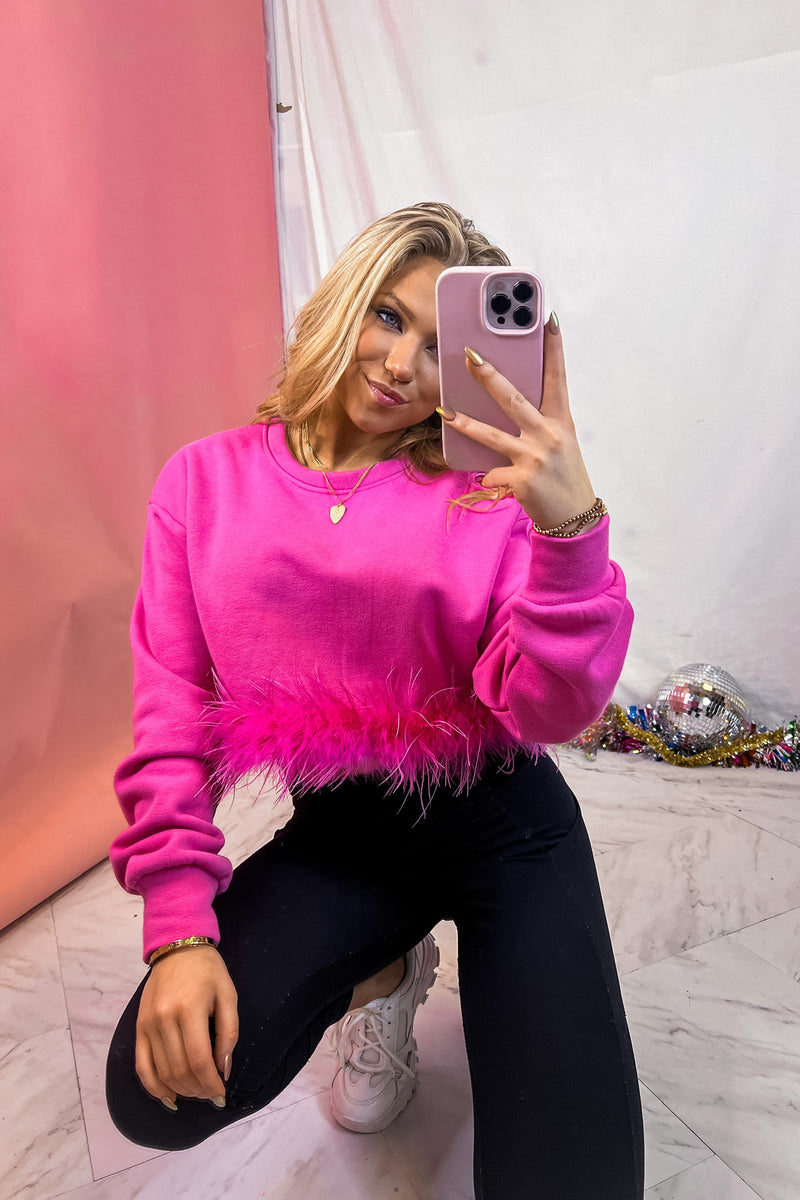 Pink Feather Trim Sweatshirt