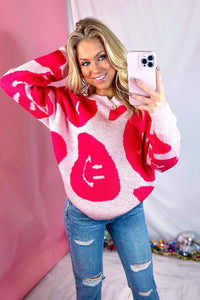 Pink Wavy Smiley Face Sweater