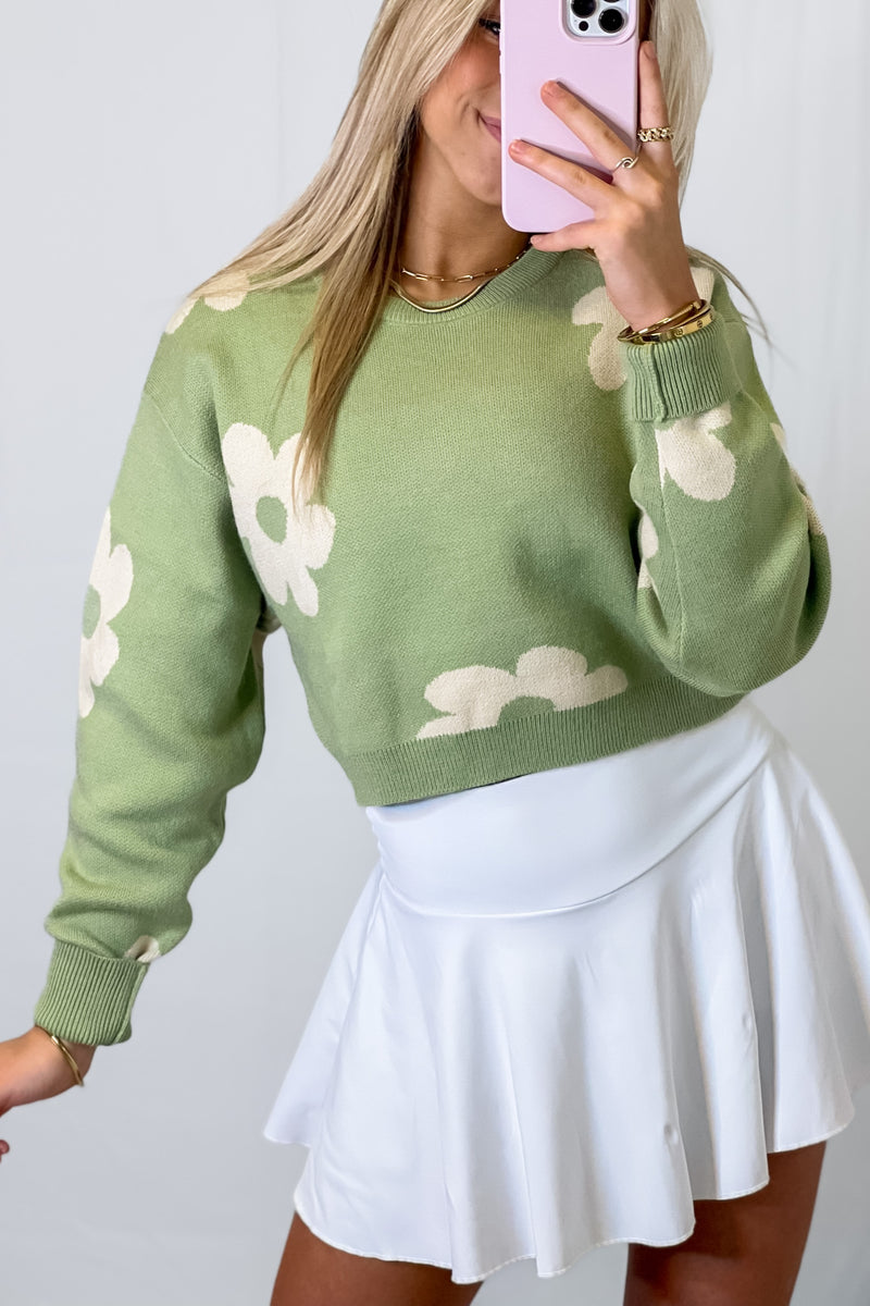 Green Long Sleeve Cropped Daisy Sweater