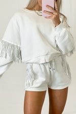 White Fringe Drawstring Shorts