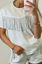 White Fringe Short Sleeve Top