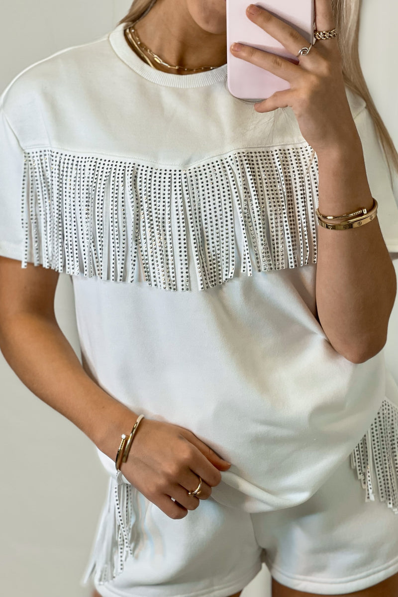 White Fringe Short Sleeve Top