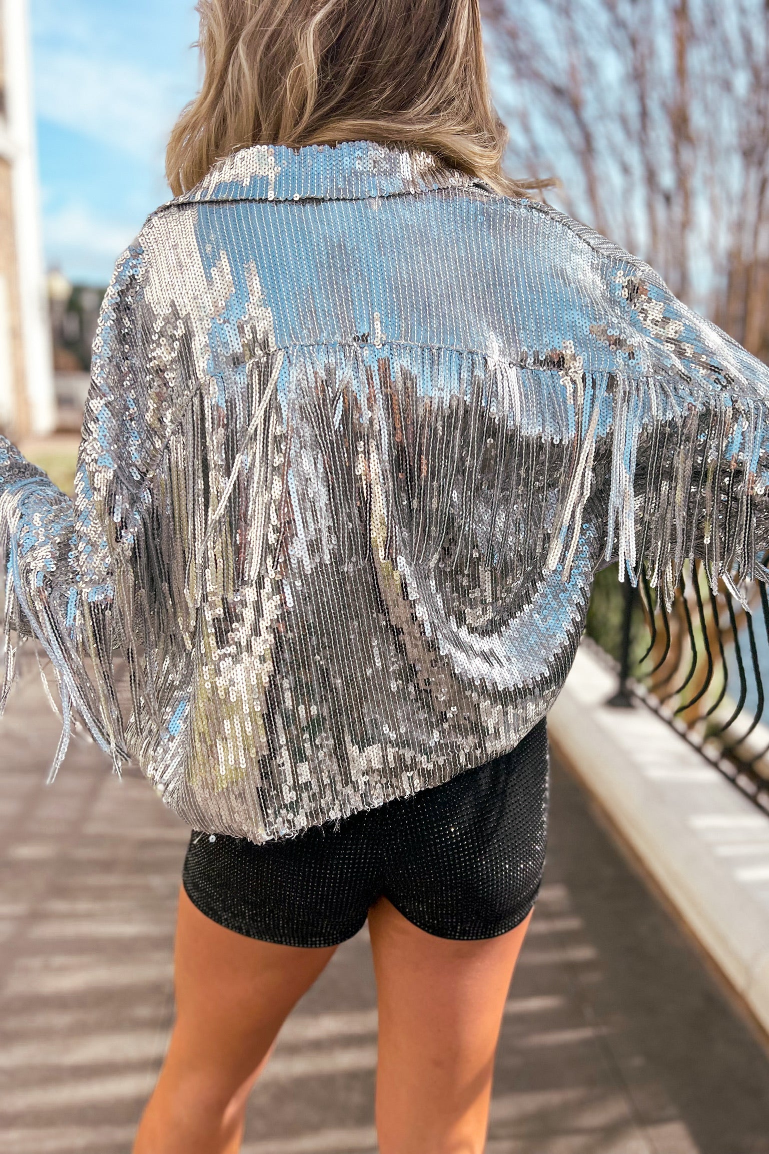 Silver Sequin Fringe Jacket- Kendry Collection Boutique