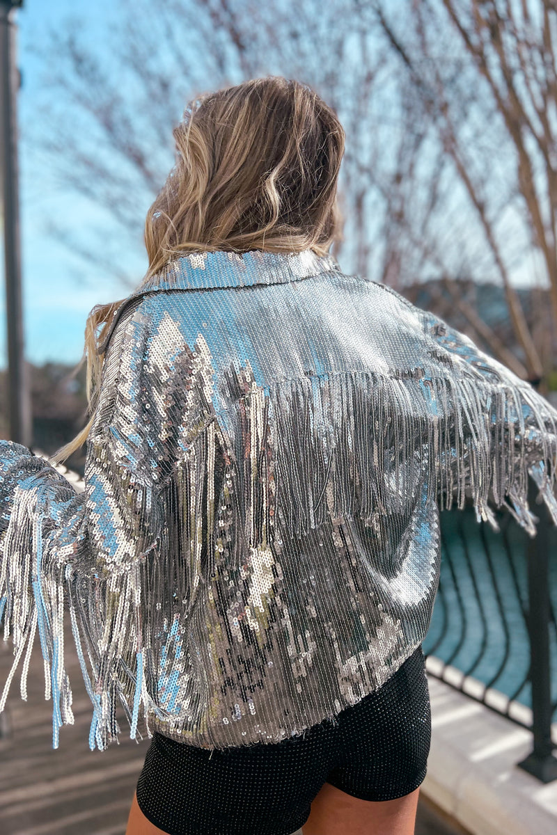Silver Sequin Fringe Jacket- Kendry Collection Boutique