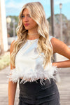 Silver Faux Leather Feather Trim Tank Top