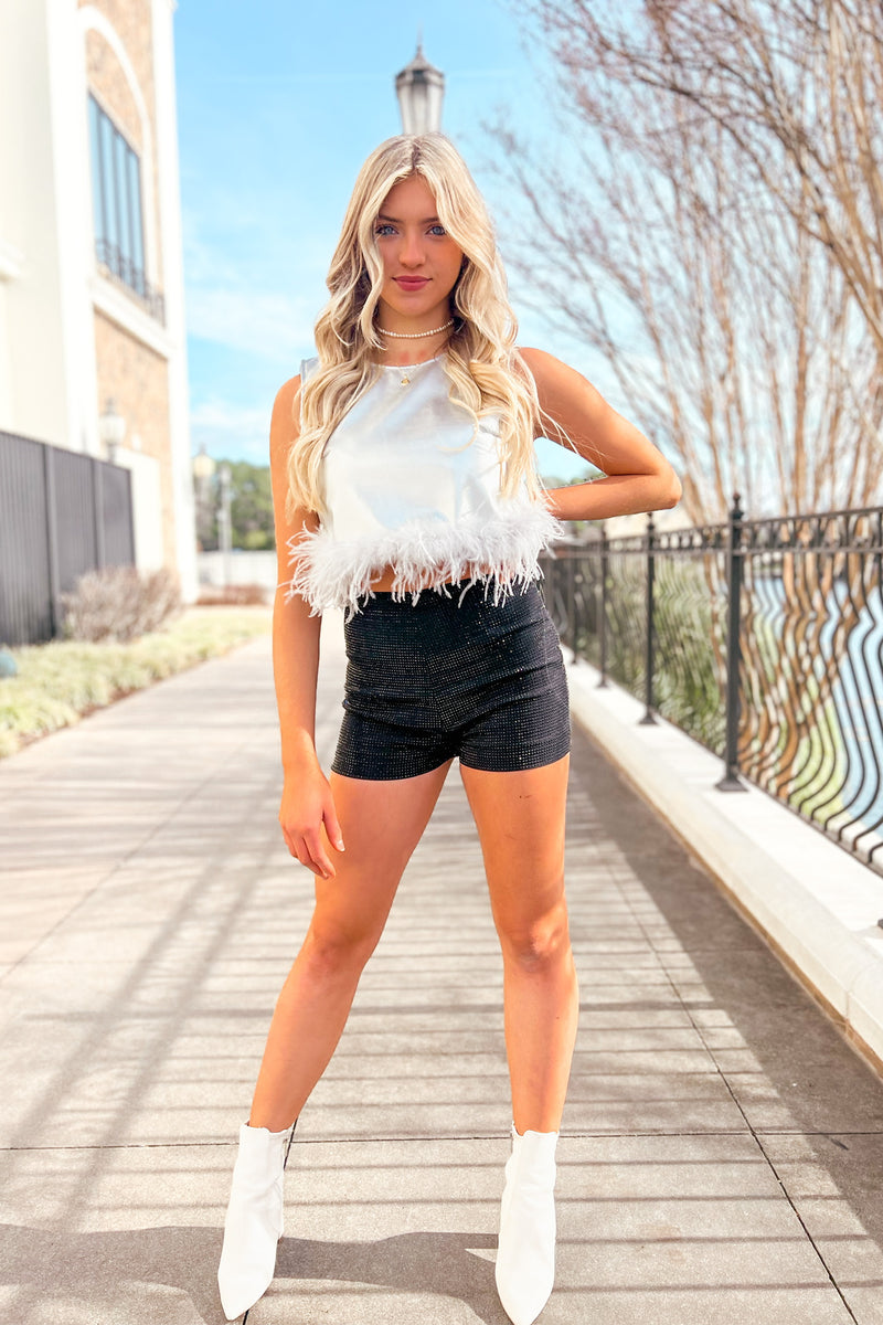 Silver Faux Leather Feather Trim Tank Top