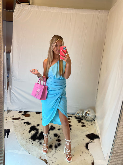 Aqua Blue One Shoulder Midi Dress