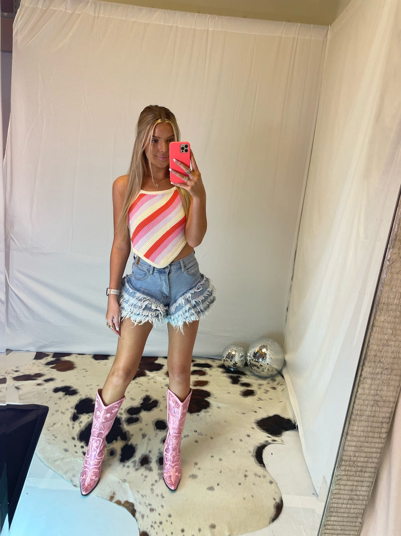 Pink Striped Knit Crop Top